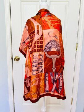 LONGCHAMP PARIS EQUESTRIAN HORSE HARNESS PRINT OVERSIZED SATIN SCARF WRAP 34X34